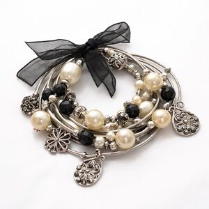 Statement Pearl & Black Charm Wrap Bracelet Boho Layered Silver Tone